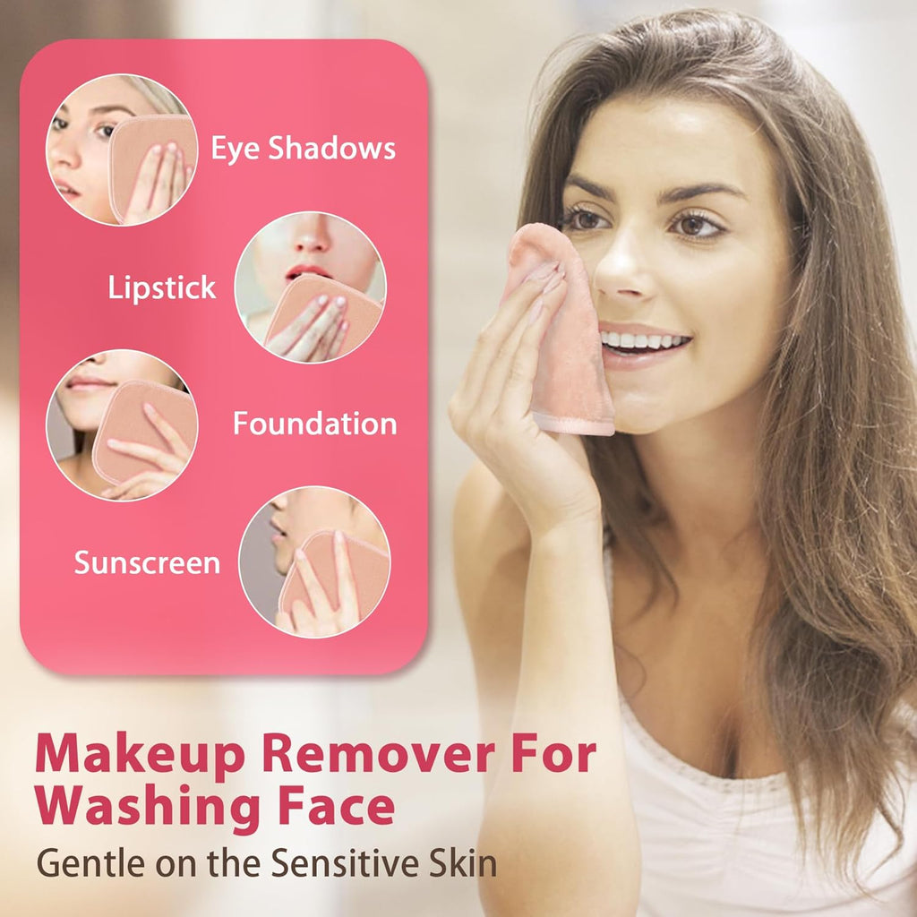 Makeup Remover Cloth, 6" X 6" Make up Towels Reusable Face Cloth for Washing Face, 12 Pack Makeup Remover Pads Microfiber Face Washcloth with Mesh Bag, Beige