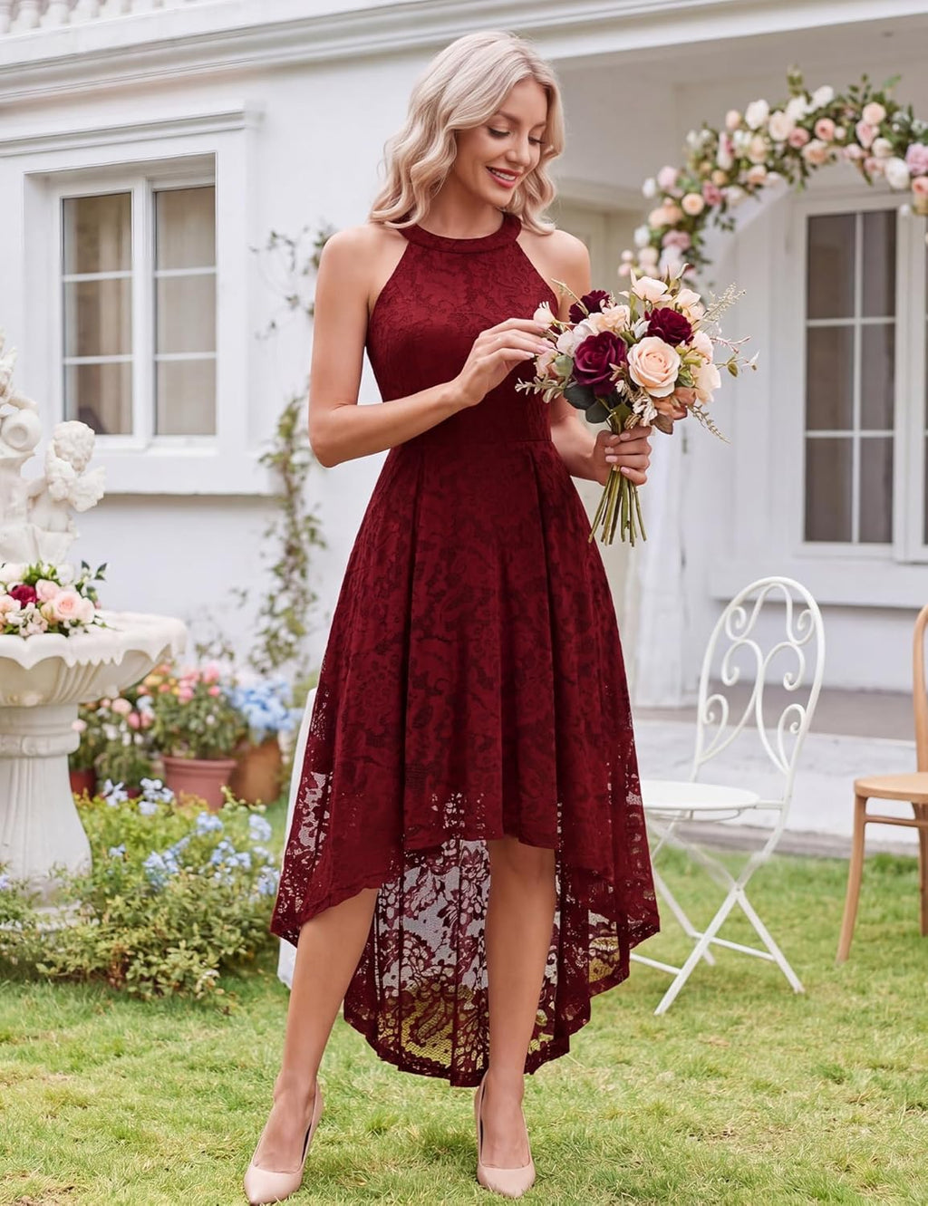 Women Halter Lace Wedding Guest Dress Hi-Lo Cocktail Party Bridesmaid Formal Dresses