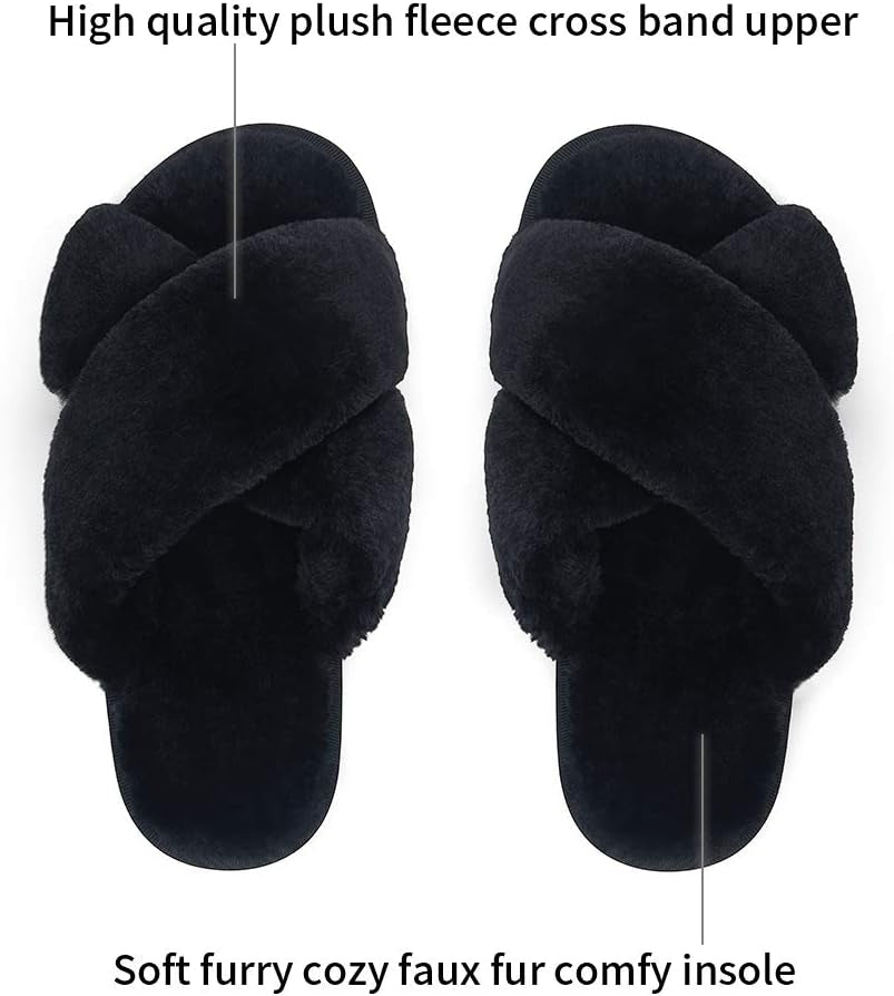 Women'S 801 Cross Band Slippers, Soft Plush Furry Open Toe Fur Slides, Fuzzy Fluffy Slip on House Shoes Indoor Outdoor Slippers