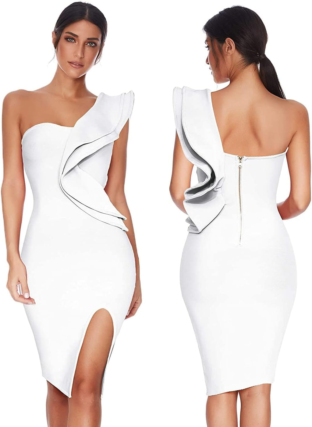 One Shoulder Ruffle Dress Side Split 