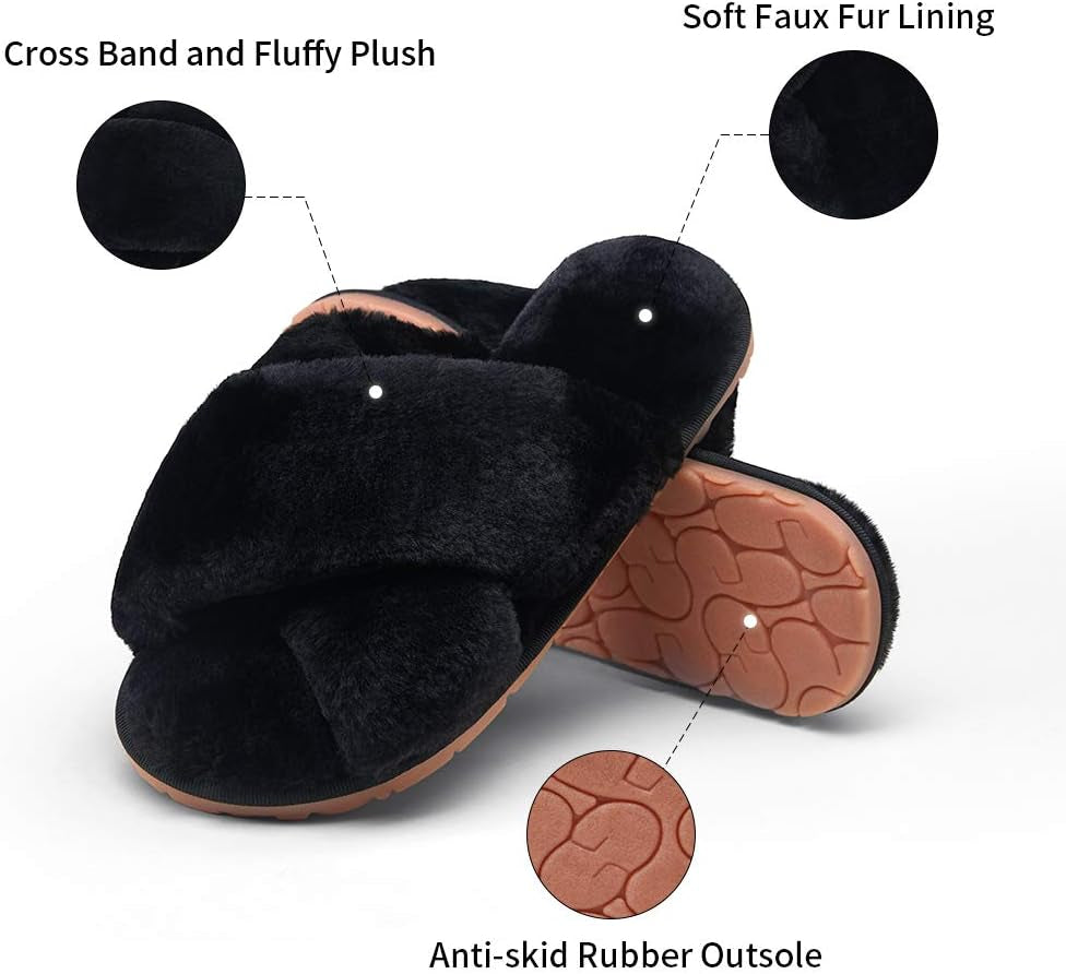 Women'S 801 Cross Band Slippers, Soft Plush Furry Open Toe Fur Slides, Fuzzy Fluffy Slip on House Shoes Indoor Outdoor Slippers