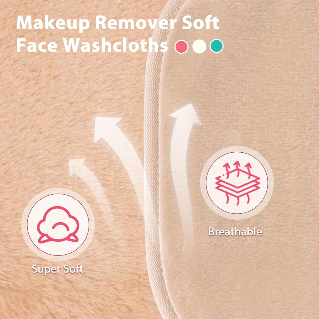 Makeup Remover Cloth, 6" X 6" Make up Towels Reusable Face Cloth for Washing Face, 12 Pack Makeup Remover Pads Microfiber Face Washcloth with Mesh Bag, Beige