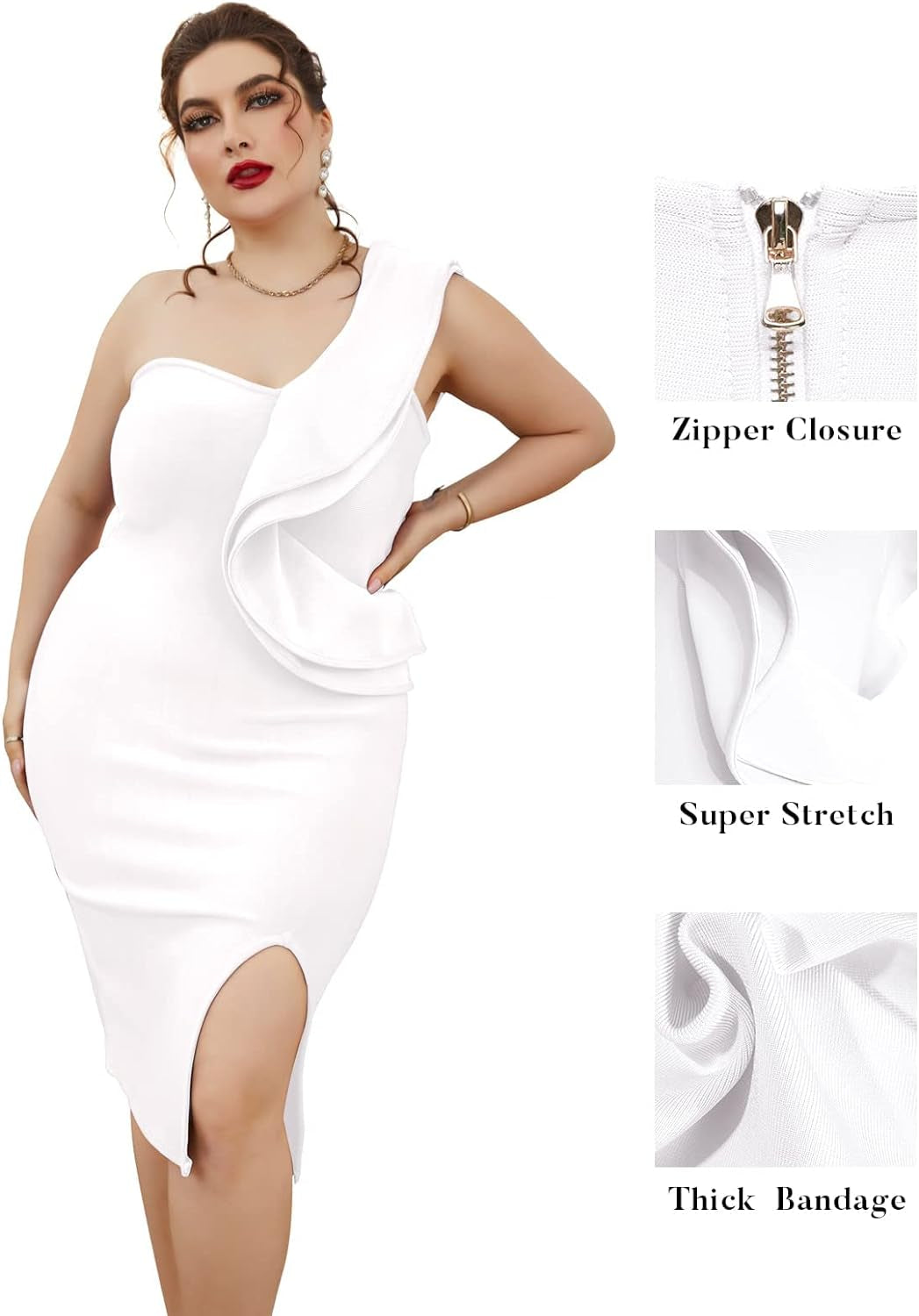 One Shoulder Ruffle Dress Side Split 