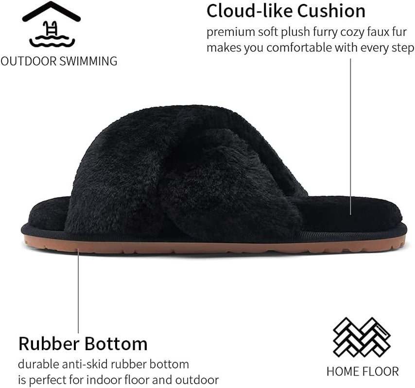Women'S 801 Cross Band Slippers, Soft Plush Furry Open Toe Fur Slides, Fuzzy Fluffy Slip on House Shoes Indoor Outdoor Slippers
