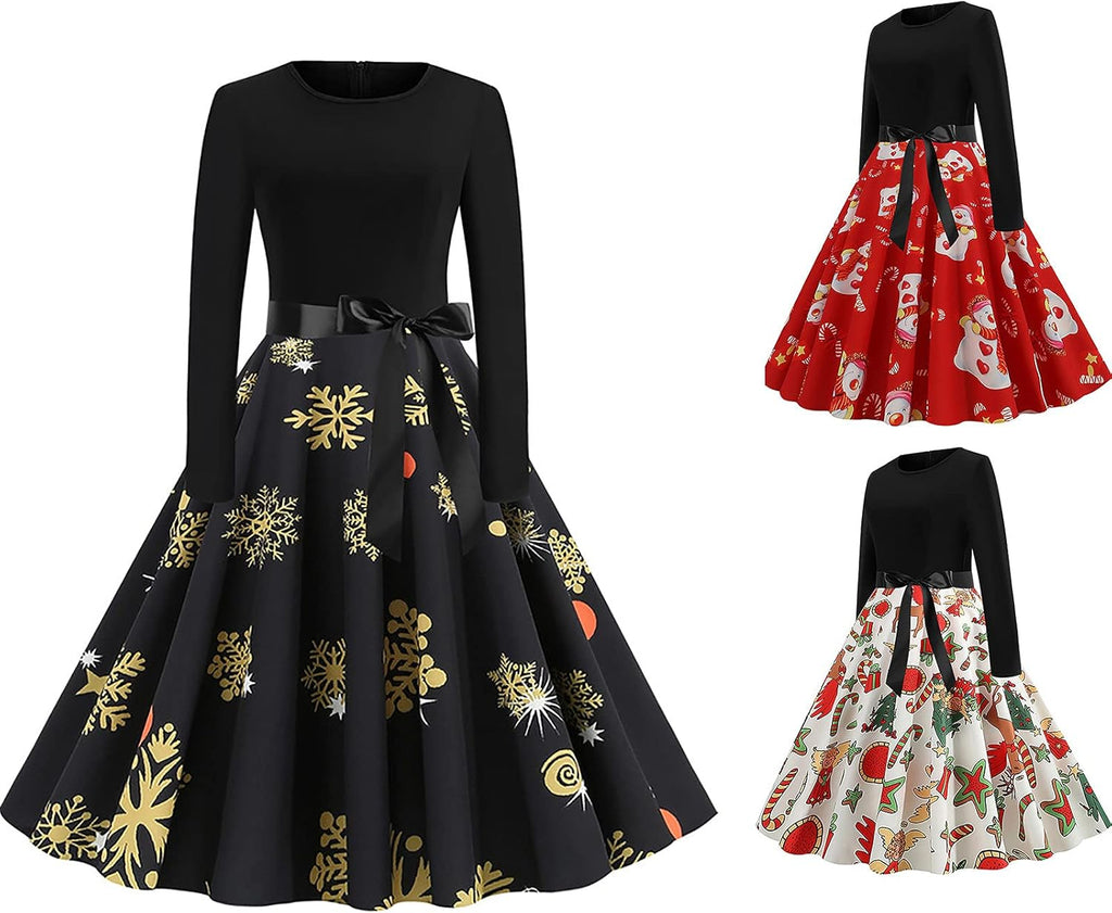 SHENYANGWA Christmas Vintage Long Sleeve Party Dresses Casual Crewneck Zipper Retro Floral Print Patchwork Cocktail Prom Dress, Black